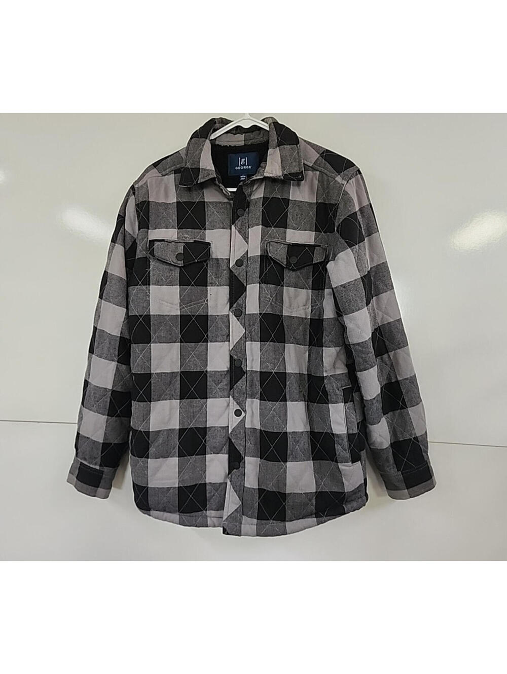 George Men's Plaid Shirt Jacket Black Gray Size S (34-36) Sherpa Lined